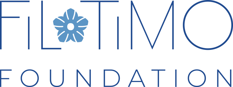 FiloTimo Foundation Logo - Navy blue sans-serif type with flower as first letter o